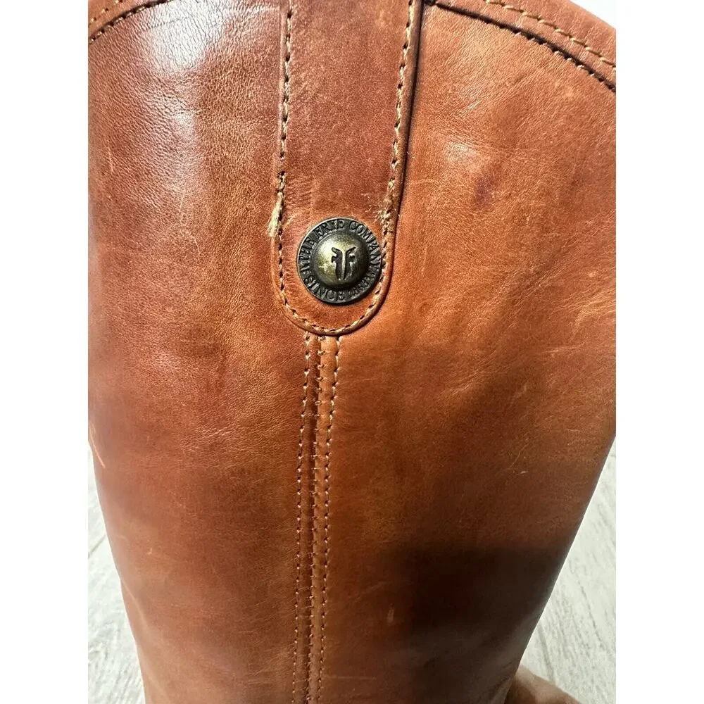 $298 Frye Melissa Button Cognac Riding Boot Brown Women Size 6.5 Tall Leather